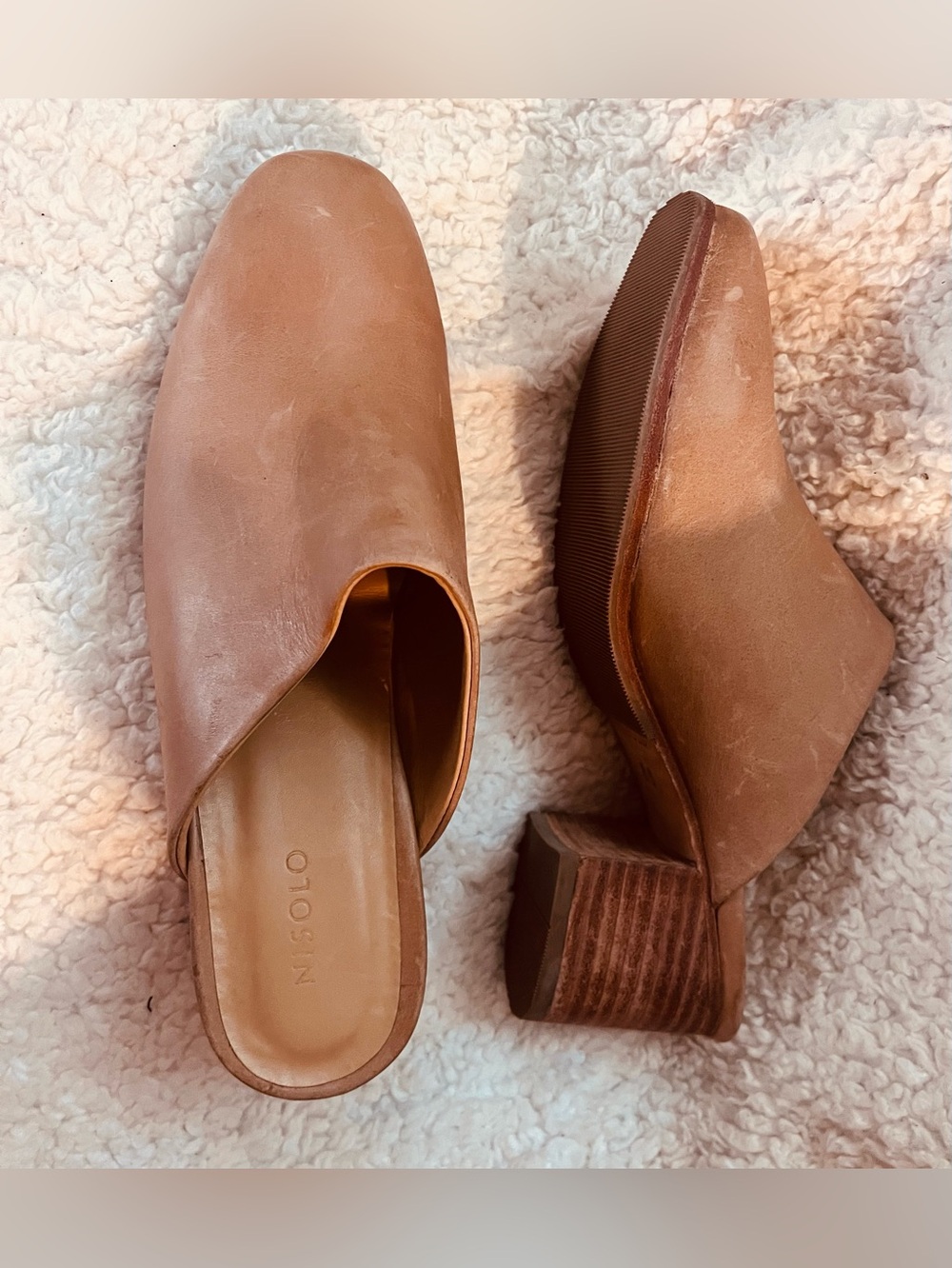 Nisolo All-Day Heeled Mule 8.5 Block Stacked Heel Chunky Almond Toe Tan Clog